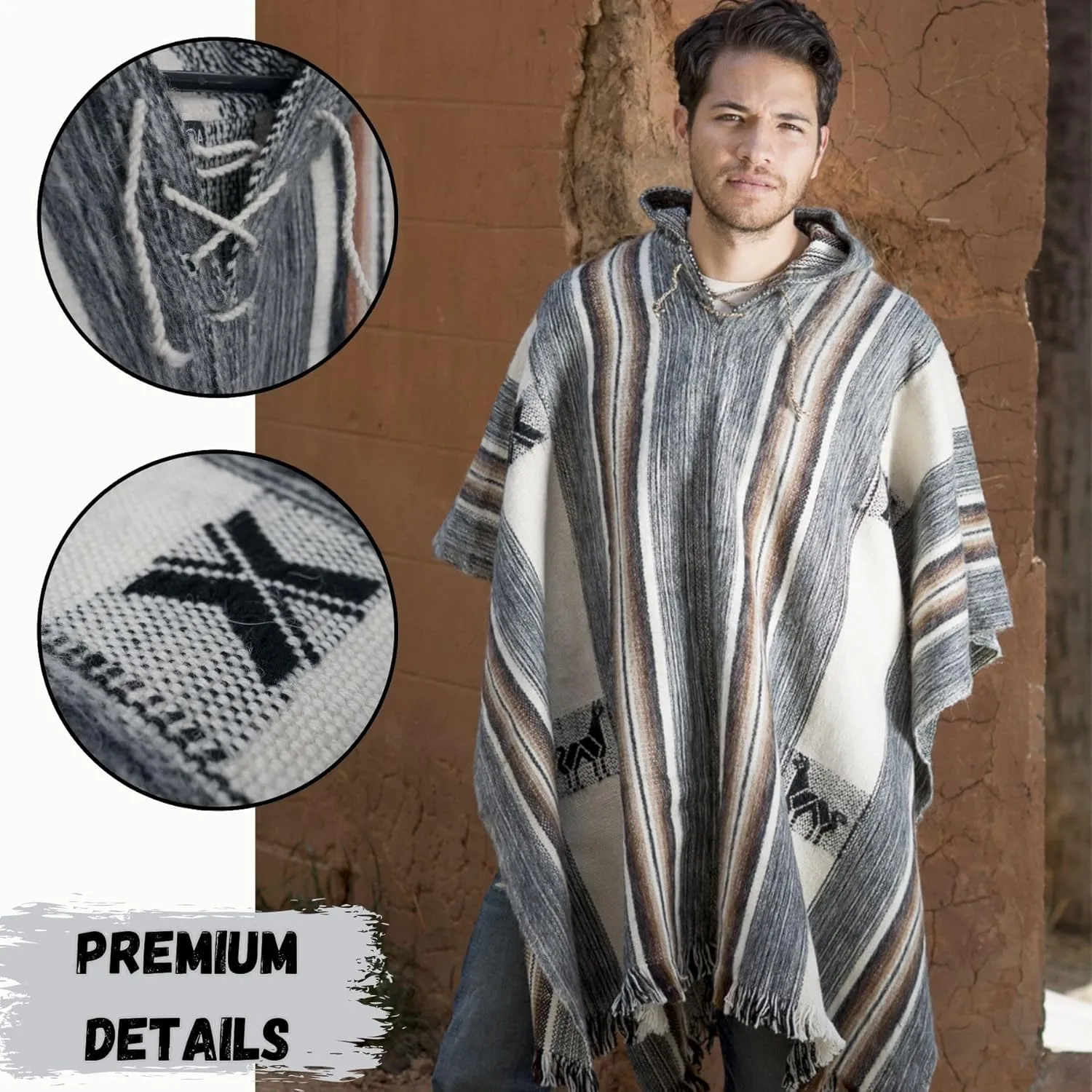 Gamboa Alpaca Wool Poncho Men Panchos Mexican with Hood Adult Cowboy and Western Hippie Poncho para Hombre