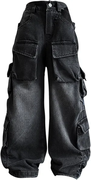Girl Baggy Hip Hop Jeans Elastic Waist Baggy Casual Wide Leg Jeans Youth Girls Fashion Washed Trousers with Pockets