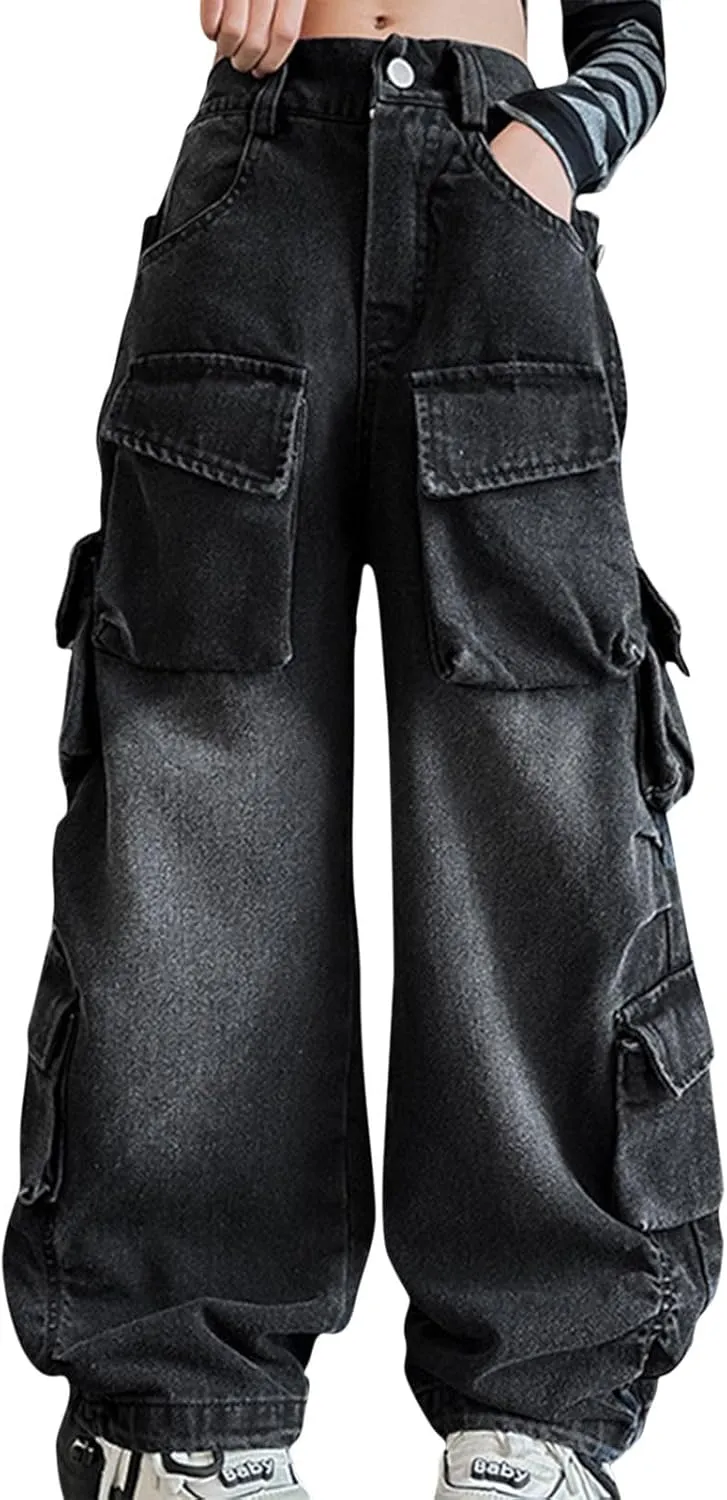 Girl Baggy Hip Hop Jeans Elastic Waist Baggy Casual Wide Leg Jeans Youth Girls Fashion Washed Trousers with Pockets