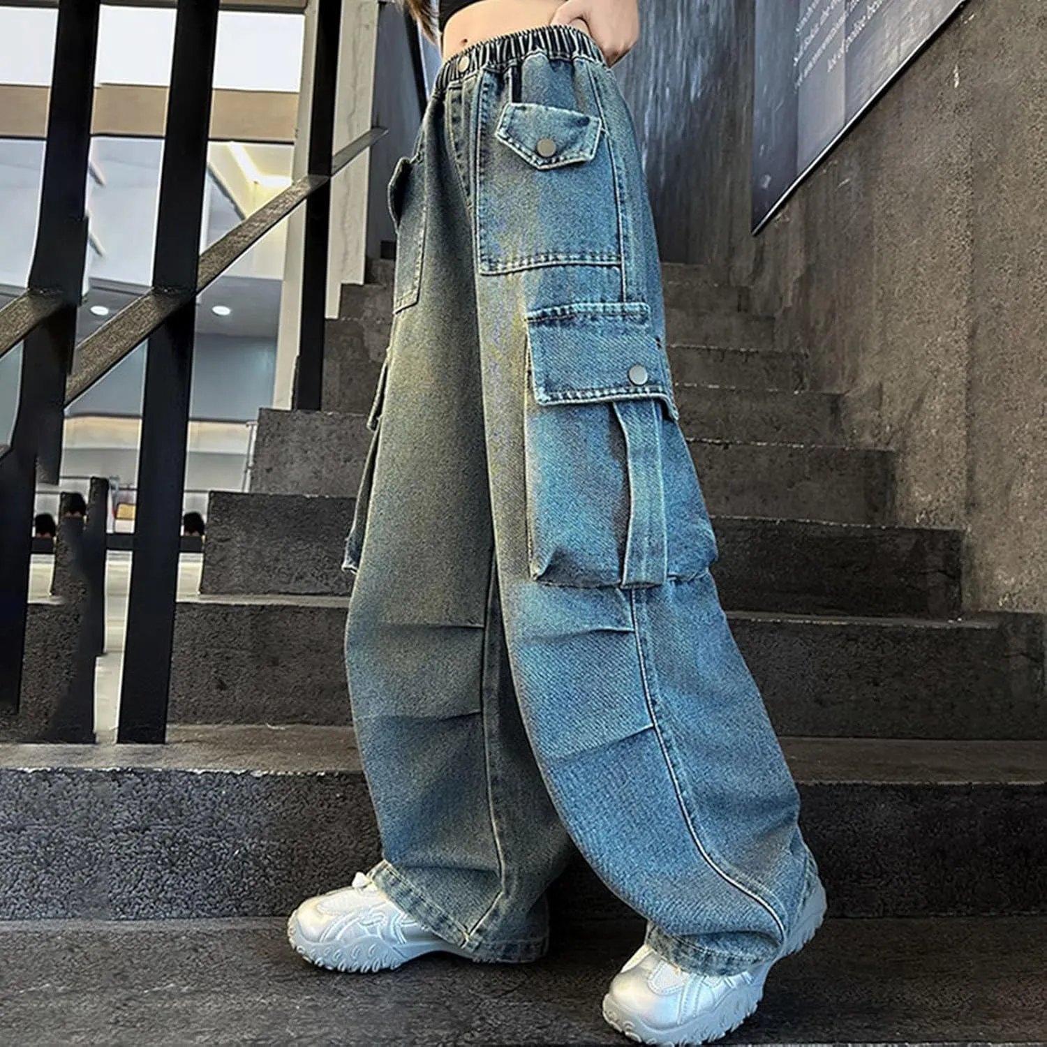Girls Cargo Jeans Kids Wide Leg Heart Jeans Casual High Waist Baggy Sweatpant Toddler Baby Fashion Loose