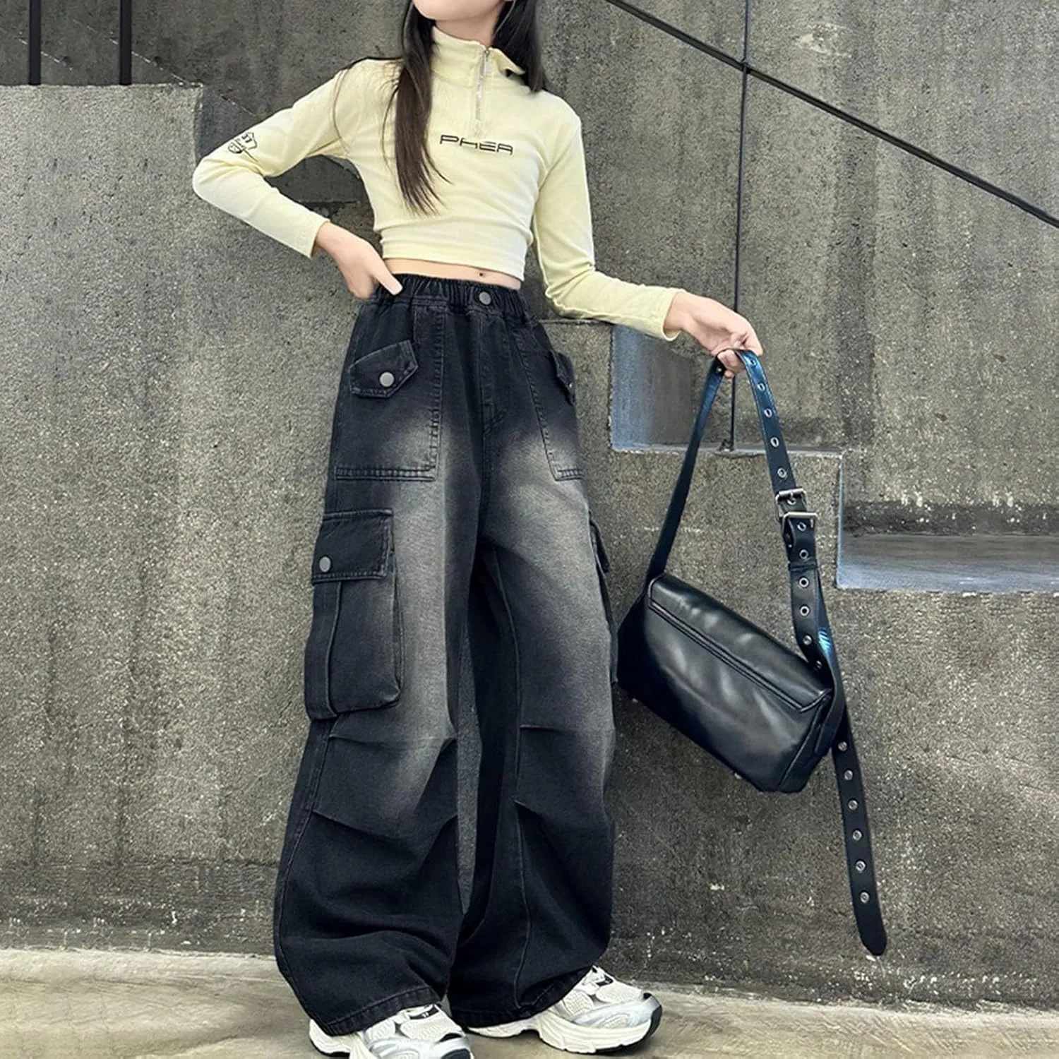 Girls Cargo Jeans Kids Wide Leg Heart Jeans Casual High Waist Baggy Sweatpant Toddler Baby Fashion Loose