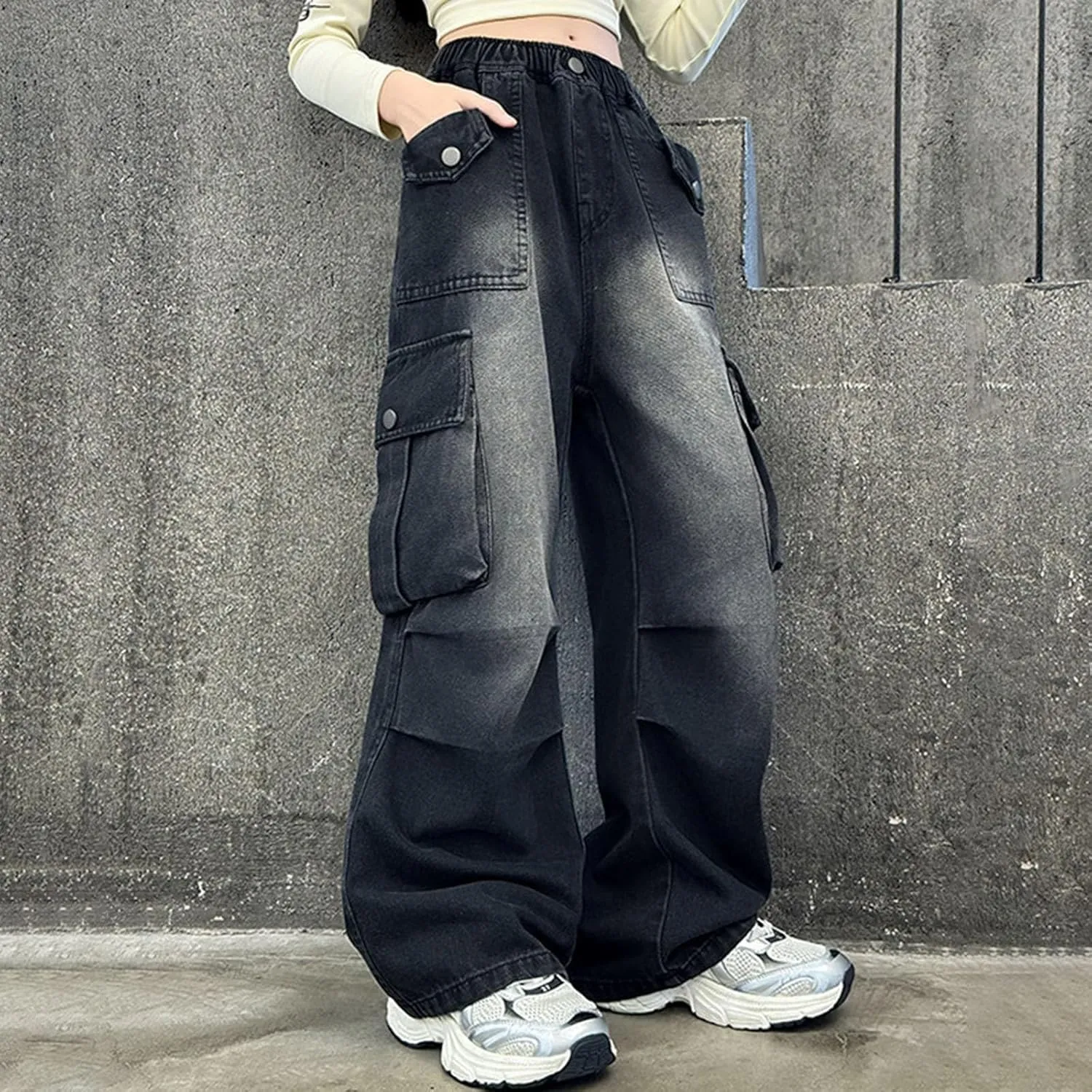 Girls Cargo Jeans Kids Wide Leg Heart Jeans Casual High Waist Baggy Sweatpant Toddler Baby Fashion Loose