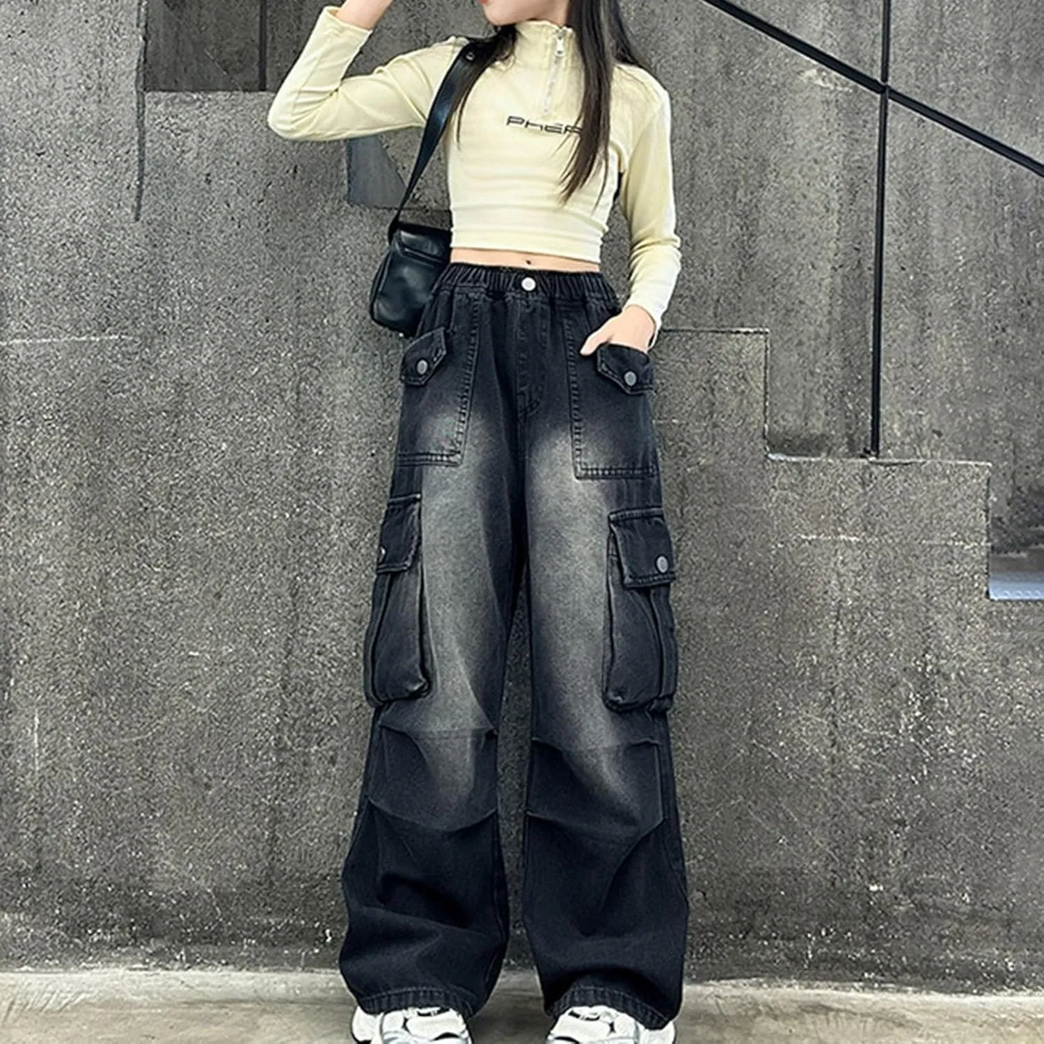 Girls Cargo Jeans Kids Wide Leg Heart Jeans Casual High Waist Baggy Sweatpant Toddler Baby Fashion Loose