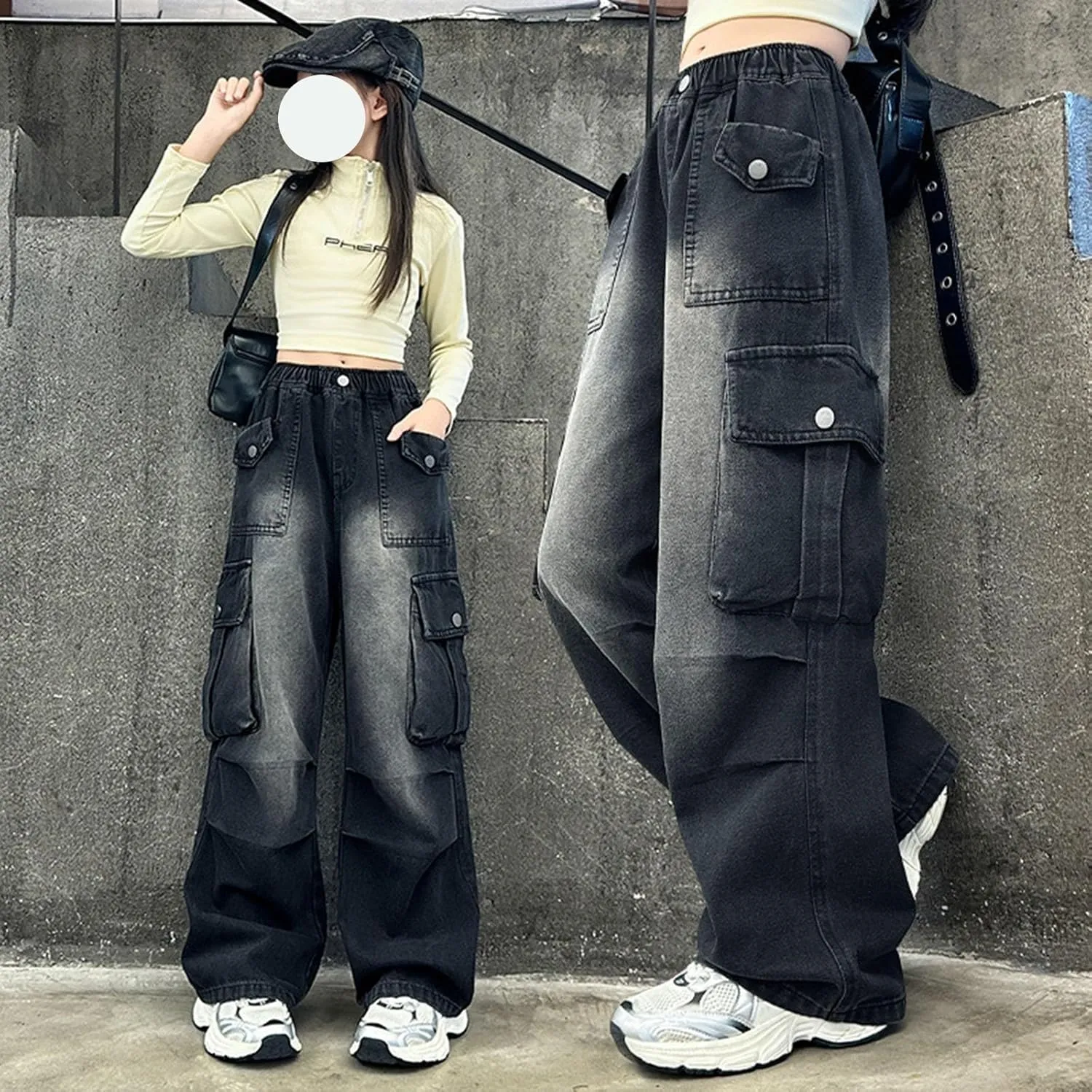 Girls Cargo Jeans Kids Wide Leg Heart Jeans Casual High Waist Baggy Sweatpant Toddler Baby Fashion Loose