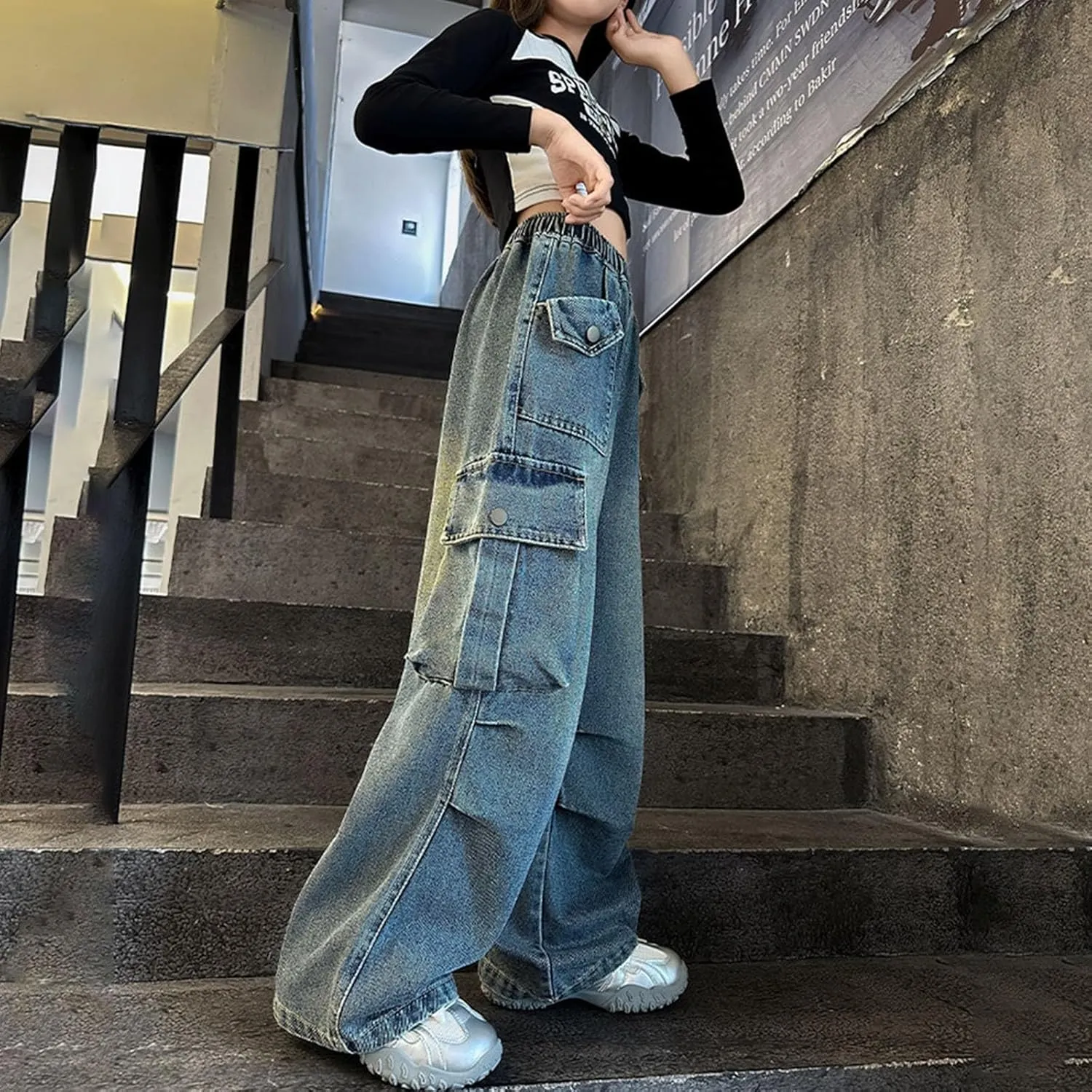 Girls Cargo Jeans Kids Wide Leg Heart Jeans Casual High Waist Baggy Sweatpant Toddler Baby Fashion Loose