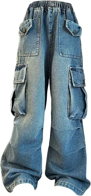 Girls Cargo Jeans Kids Wide Leg Heart Jeans Casual High Waist Baggy Sweatpant Toddler Baby Fashion Loose