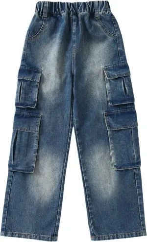 Girls Loose Jeans Kids High Elastic Waist Fit Baggy Casual Denim Pants Toddler Wide Leg Work Jeans with