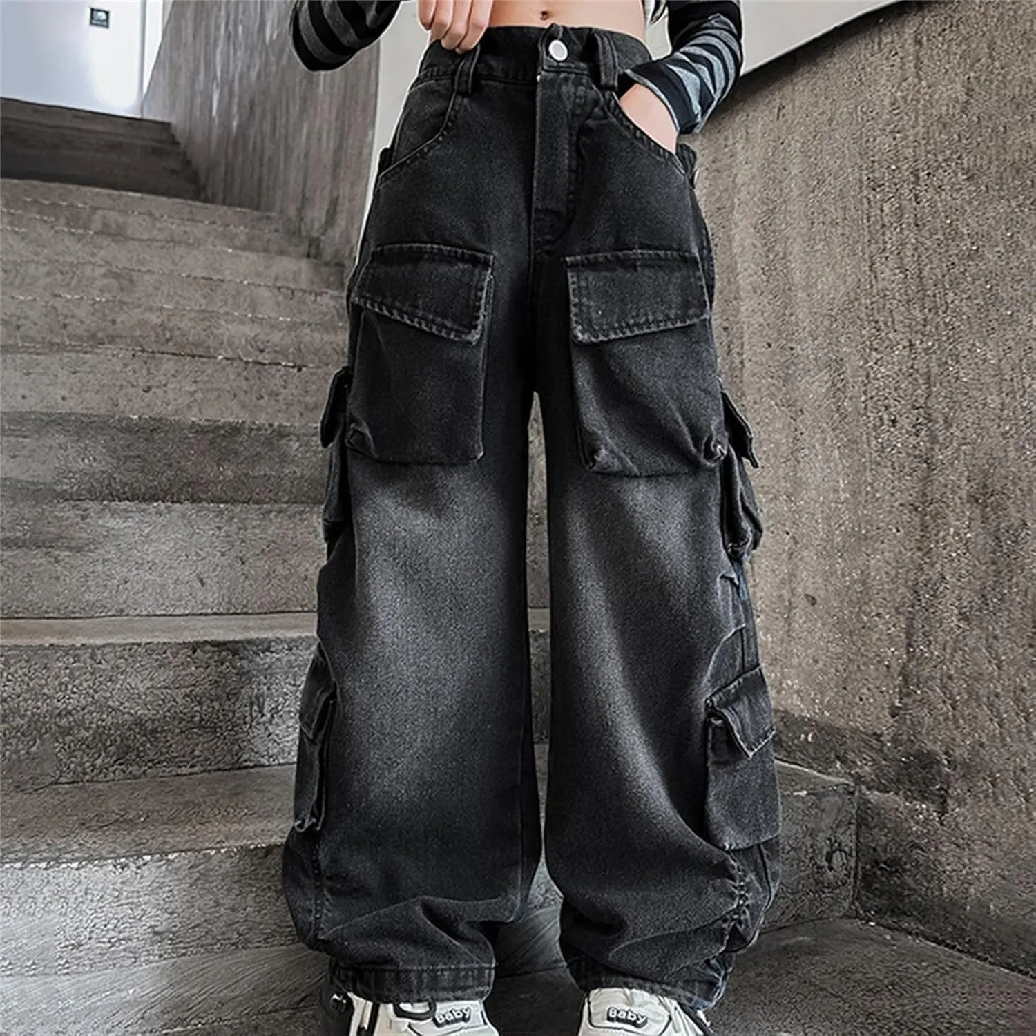 Girls Streetwear Denim Cargo Pants High Waist Floor Length Baggy Wide Leg Jeans with Multi Pockets Flare Jeans