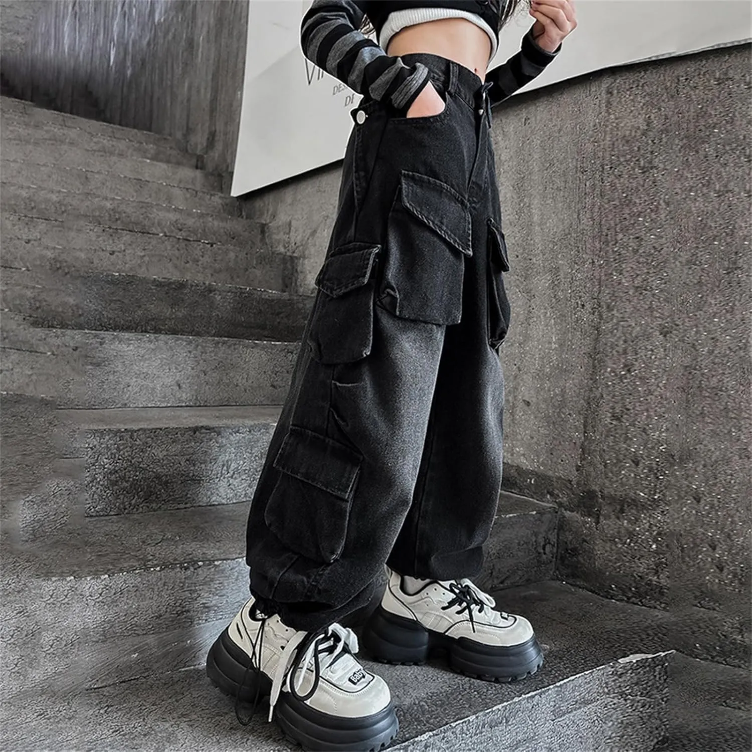 Girls Streetwear Denim Cargo Pants High Waist Floor Length Baggy Wide Leg Jeans with Multi Pockets Flare Jeans