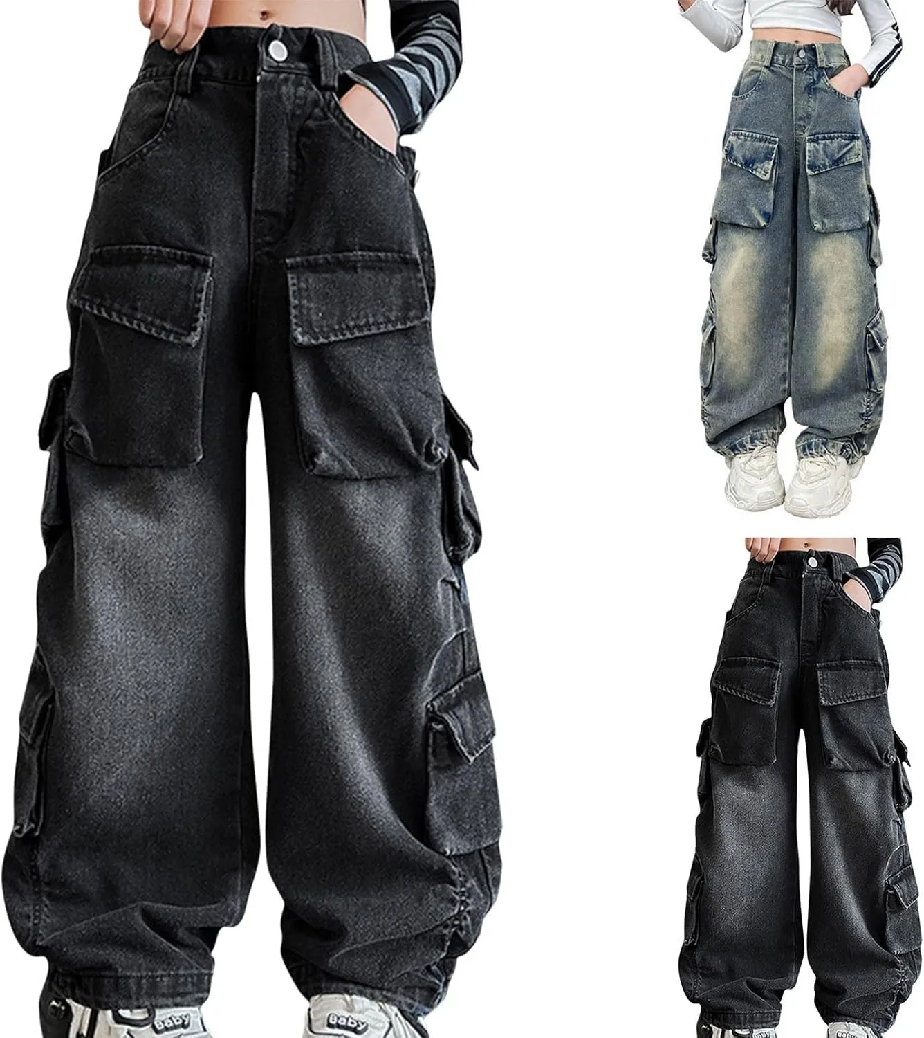 Girls Streetwear Denim Cargo Pants High Waist Floor Length Baggy Wide Leg Jeans with Multi Pockets Flare Jeans
