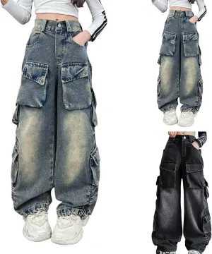 Girls Streetwear Denim Cargo Pants High Waist Floor Length Baggy Wide Leg Jeans with Multi Pockets Flare Jeans
