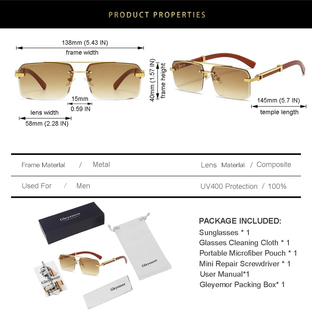 Gleyemor Mens Sunglasses Fashion Rimless Rectangle Sunglasses Square Frameless Sunglasses for Men