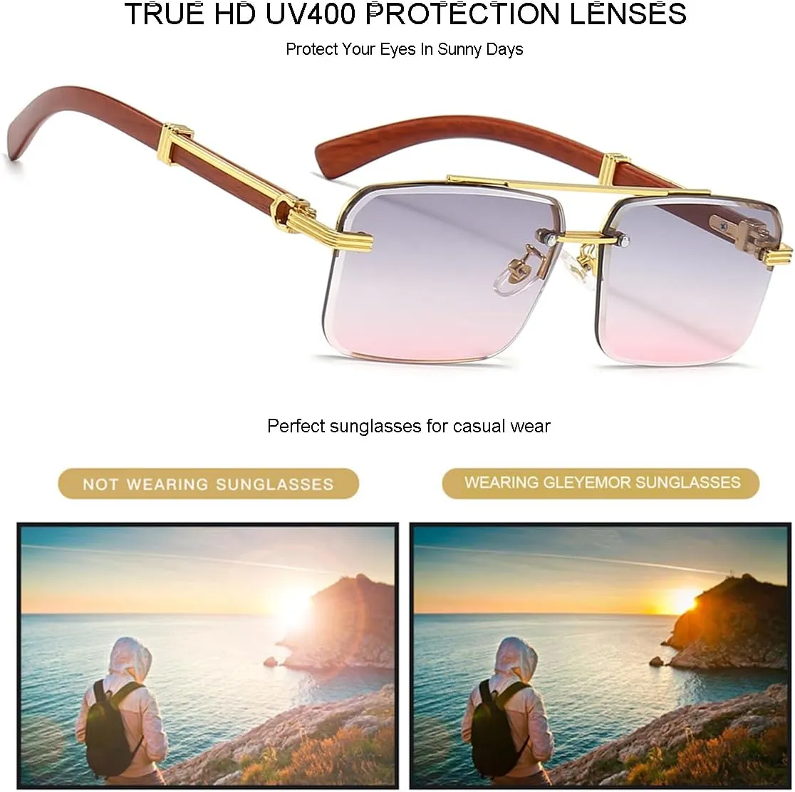Gleyemor Mens Sunglasses Fashion Rimless Rectangle Sunglasses Square Frameless Sunglasses for Men