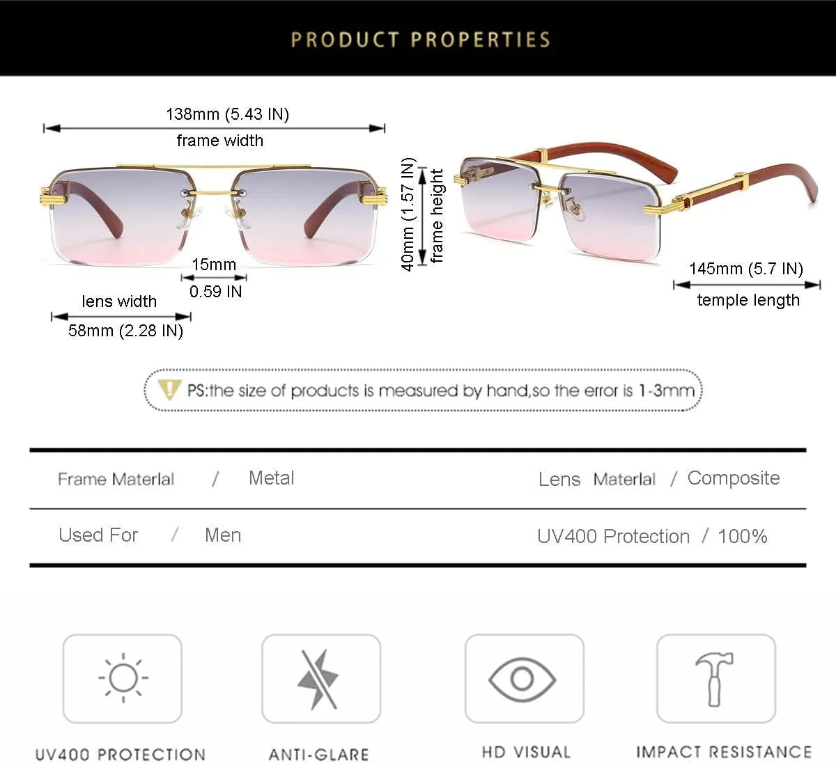 Gleyemor Mens Sunglasses Fashion Rimless Rectangle Sunglasses Square Frameless Sunglasses for Men