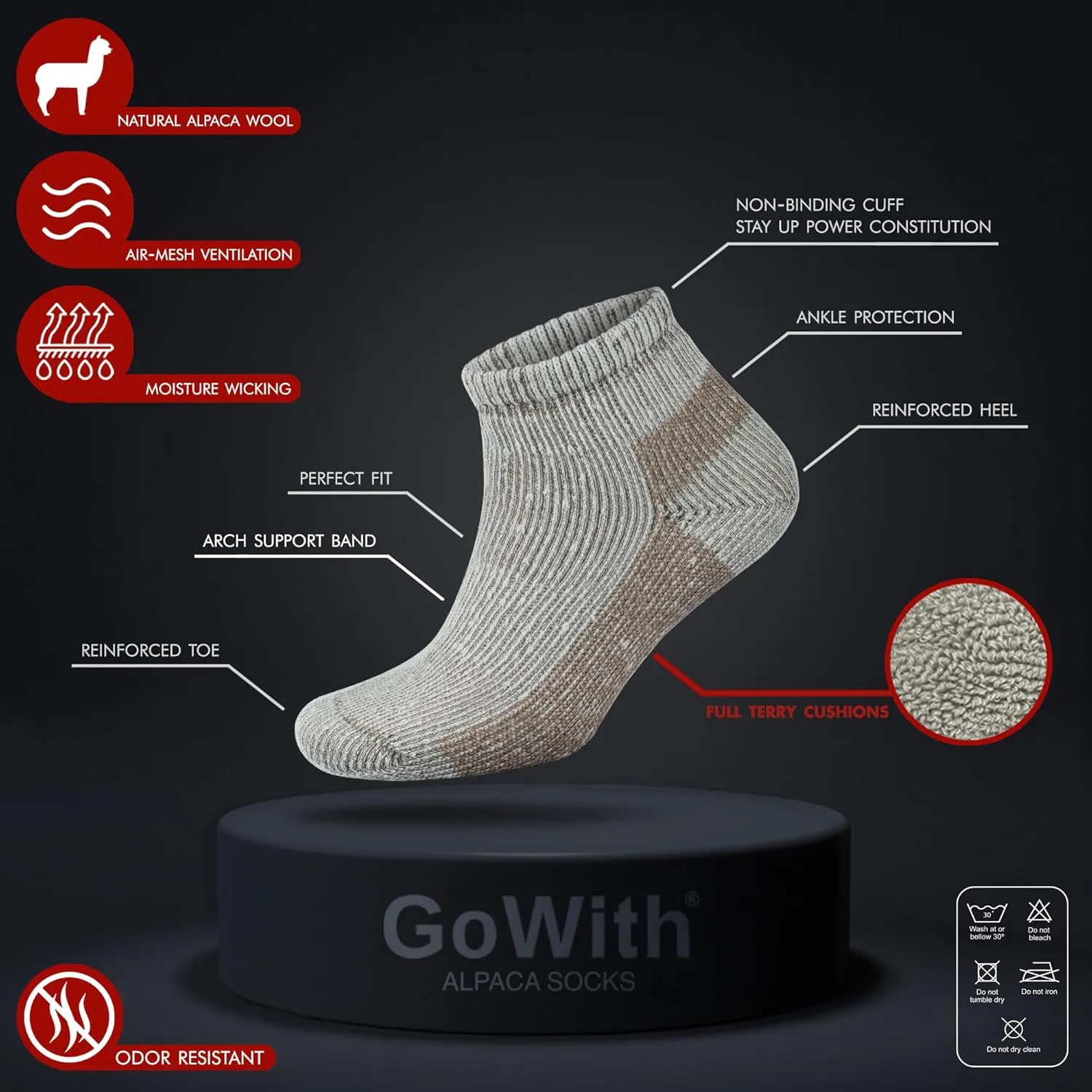 GoWith Alpaca Wool Low-Cut Socks for Men & Women, Cushioned Terry Warm Thermal Thick Merino Blend Camping Socks