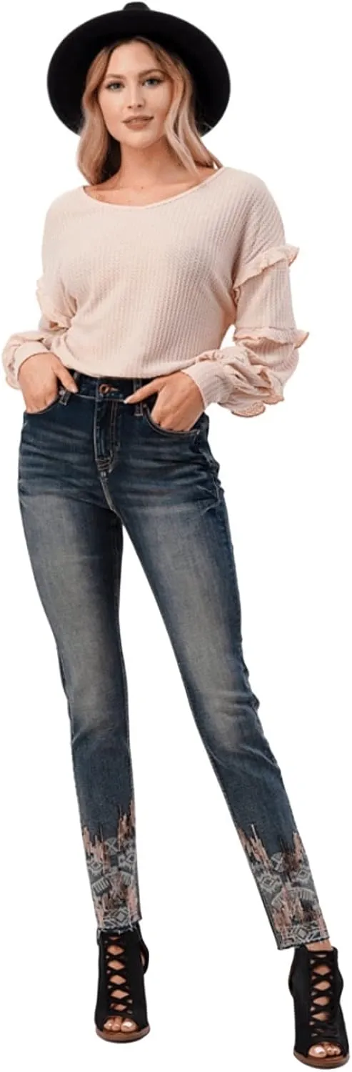 Grace in LA Jeans High Waisted Rise Skinny Southwestern Tribal Eagle Aztec Diamond Frayed Hem Stretch Jean
