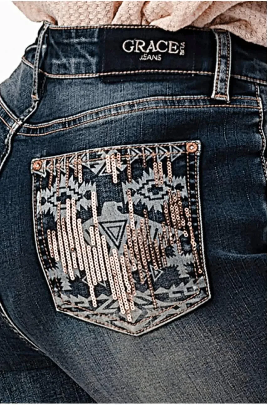 Grace in LA Jeans High Waisted Rise Skinny Southwestern Tribal Eagle Aztec Diamond Frayed Hem Stretch Jean