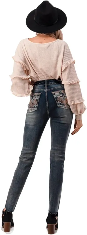 Grace in LA Jeans High Waisted Rise Skinny Southwestern Tribal Eagle Aztec Diamond Frayed Hem Stretch Jean
