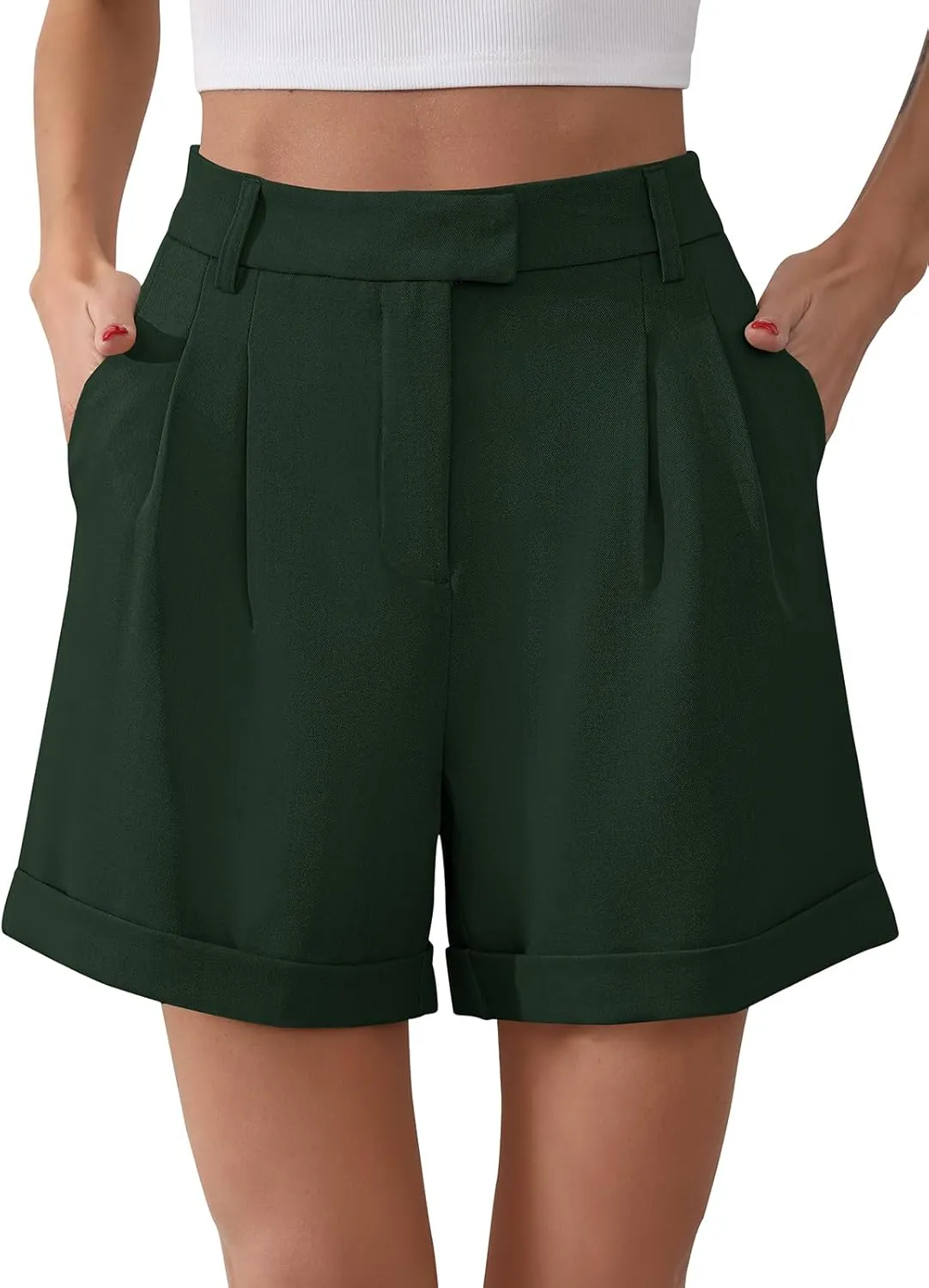 Gracyoga Shorts for Women Trendy Summer Elastic High Waisted Wide Leg Casual Short Loose Cuffed Hem Work Trouser Shorts
