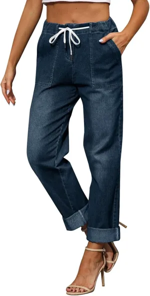 Gumipy Women's Pull On Denim Joggers Elastic Waist Stretch Drawstring Jeans with Pocket Casual Baggy Cropped Jeans