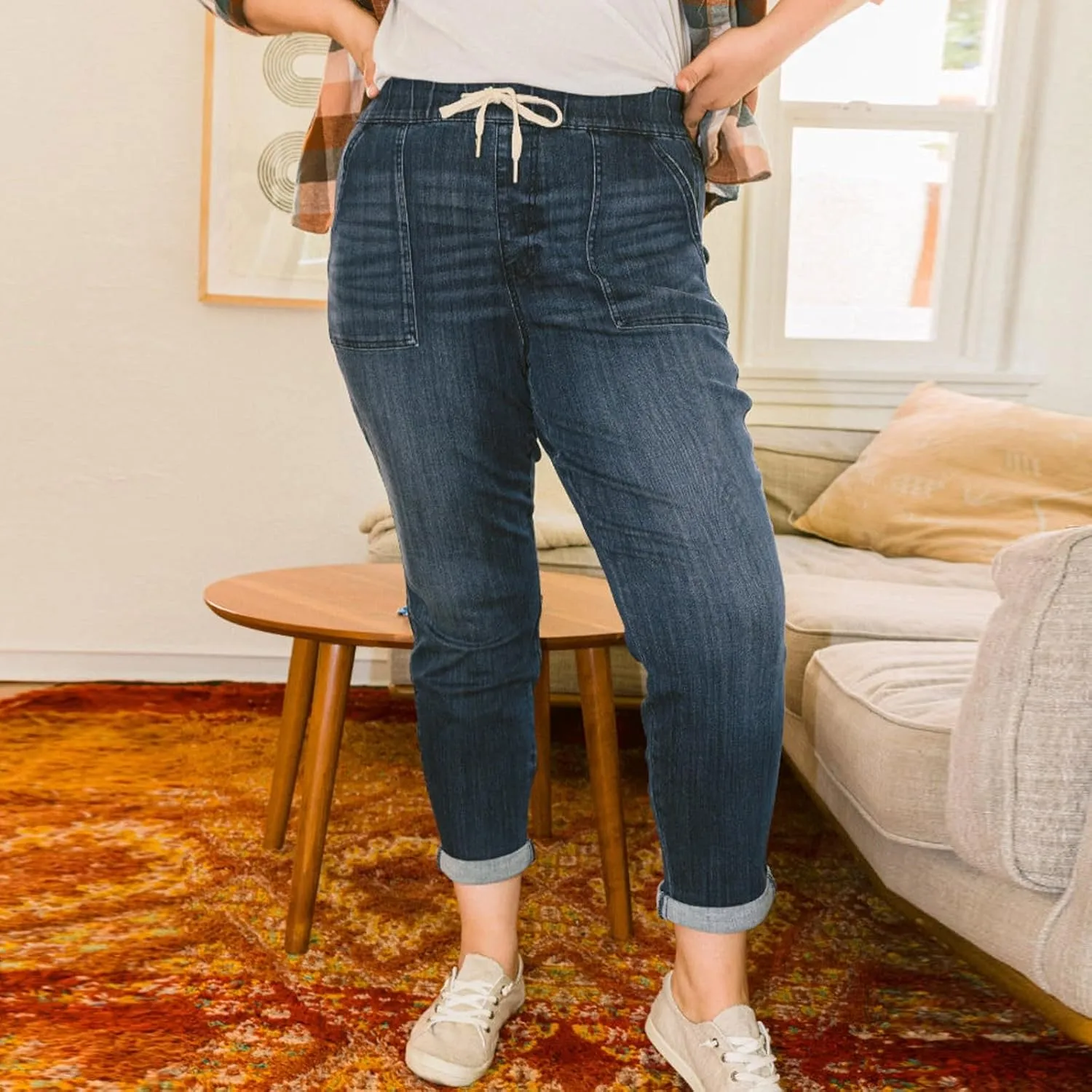 Gumipy Women's Pull On Denim Joggers Elastic Waist Stretch Drawstring Jeans with Pocket Casual Baggy Cropped Jeans