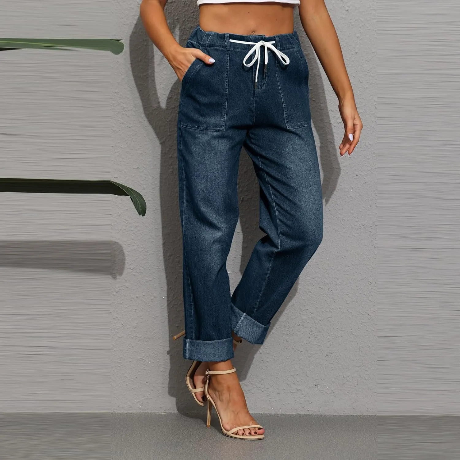 Gumipy Women's Pull On Denim Joggers Elastic Waist Stretch Drawstring Jeans with Pocket Casual Baggy Cropped Jeans