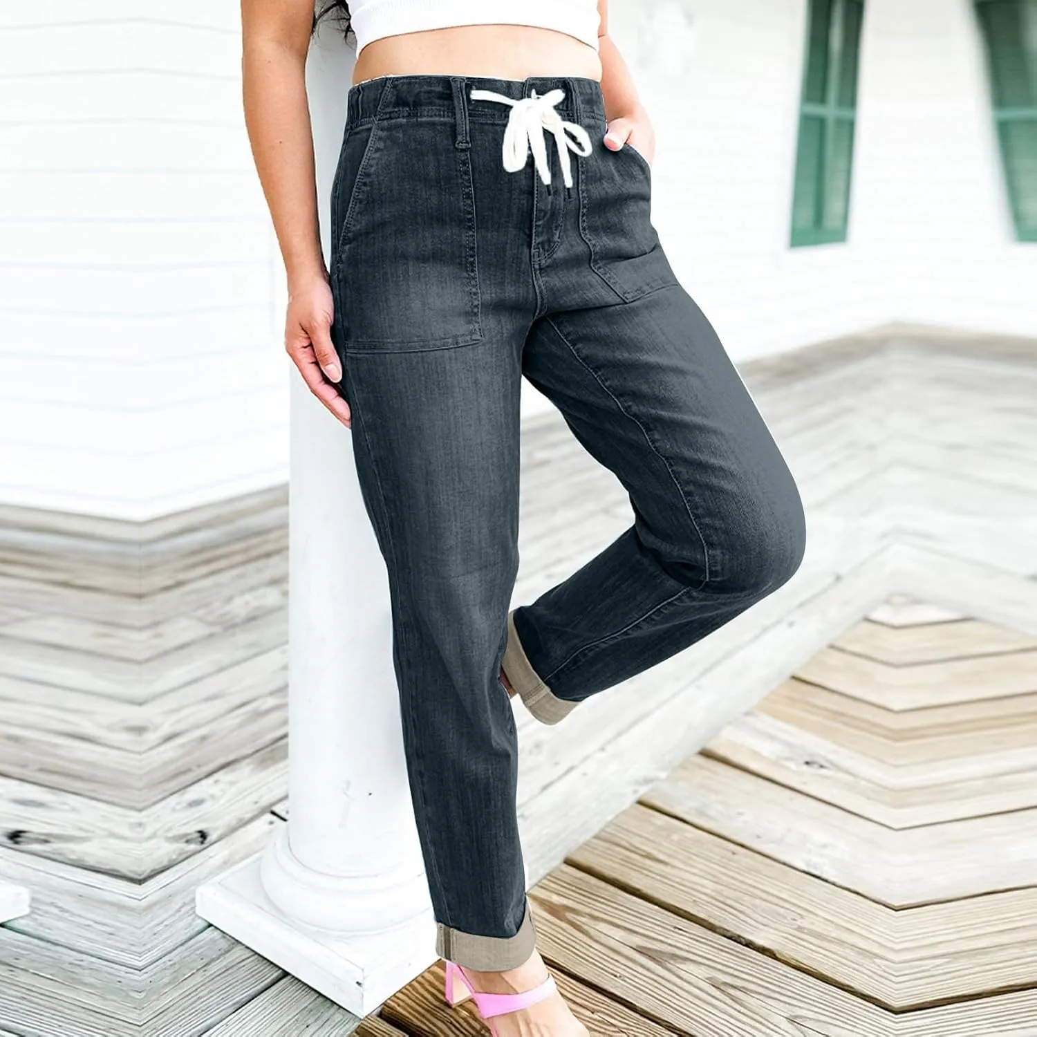 Gumipy Women's Pull On Denim Joggers Elastic Waist Stretch Drawstring Jeans with Pocket Casual Baggy Cropped Jeans