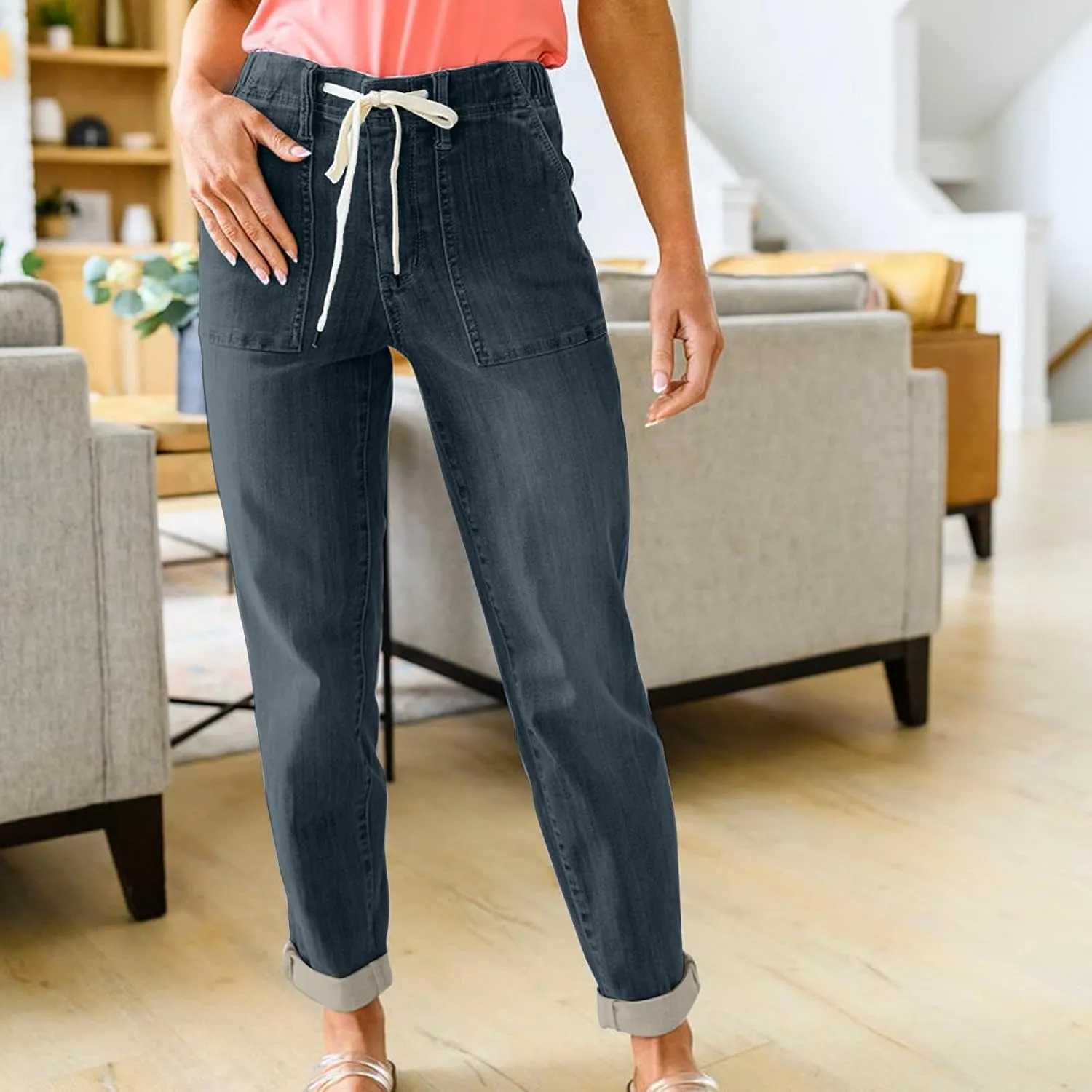 Gumipy Women's Pull On Denim Joggers Elastic Waist Stretch Drawstring Jeans with Pocket Casual Baggy Cropped Jeans