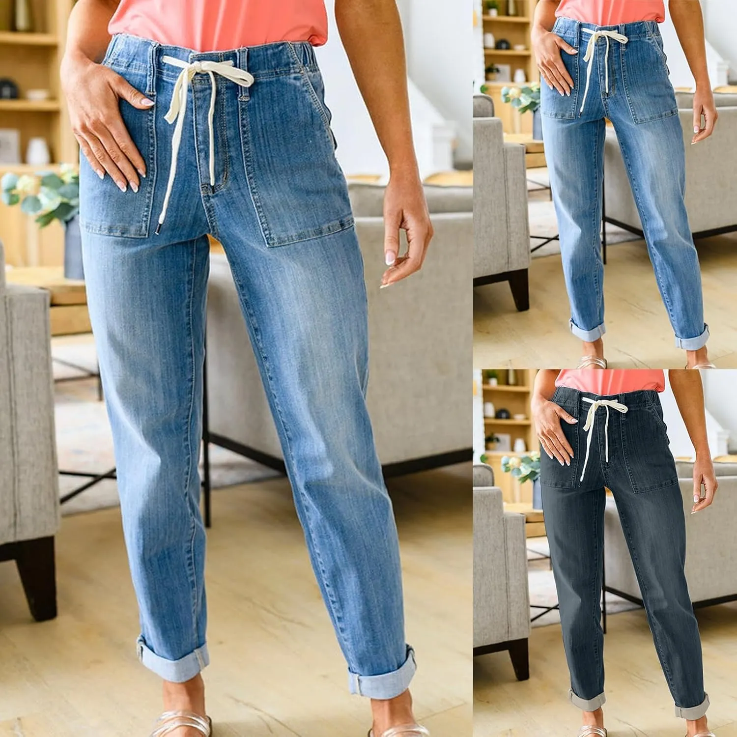 Gumipy Women's Pull On Denim Joggers Elastic Waist Stretch Drawstring Jeans with Pocket Casual Baggy Cropped Jeans