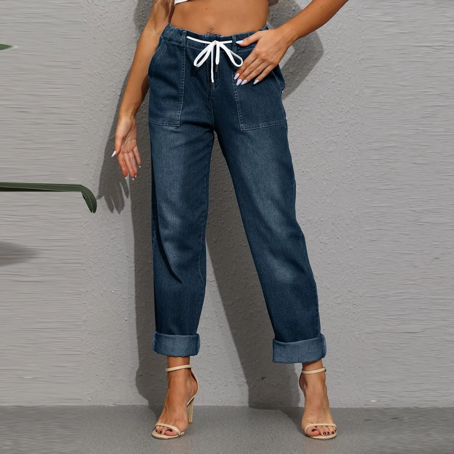 Gumipy Women's Pull On Denim Joggers Elastic Waist Stretch Drawstring Jeans with Pocket Casual Baggy Cropped Jeans