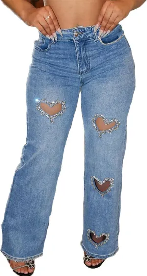 Heart Cutout Rhinestone Jeans for Women Y2k High Waist Straight Leg Baggy Denim Pants Womens Jeans Trendy