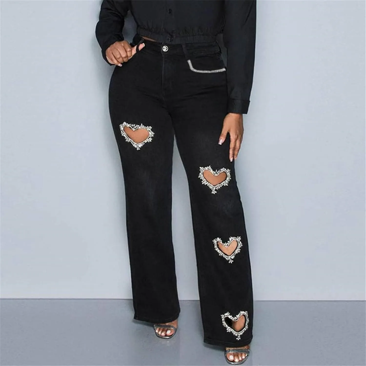 Heart Cutout Rhinestone Jeans for Women Y2k High Waist Straight Leg Baggy Denim Pants Womens Jeans Trendy