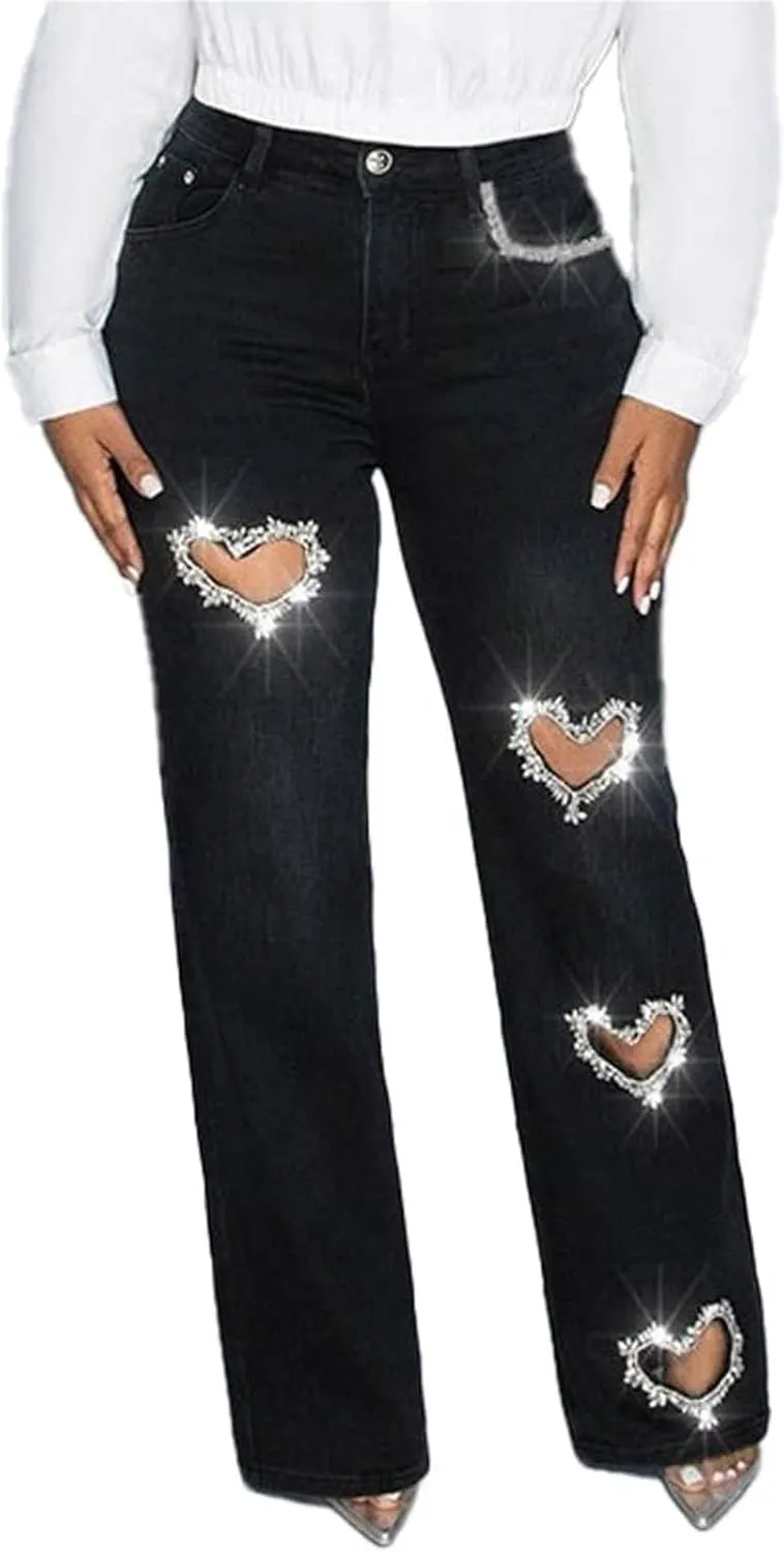 Heart Cutout Rhinestone Jeans for Women Y2k High Waist Straight Leg Baggy Denim Pants Womens Jeans Trendy