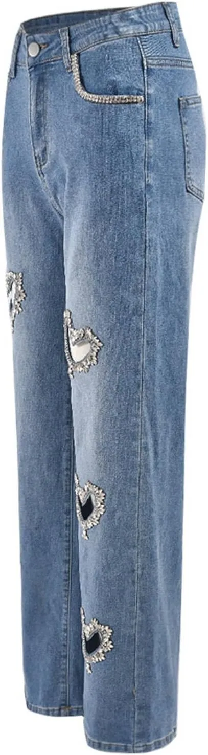 Heart Cutout Rhinestone Jeans for Women Y2k High Waist Straight Leg Baggy Denim Pants Womens Jeans Trendy