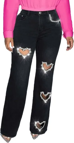 Heart Cutout Rhinestone Jeans for Women Y2k High Waist Straight Leg Baggy Denim Pants Womens Jeans Trendy