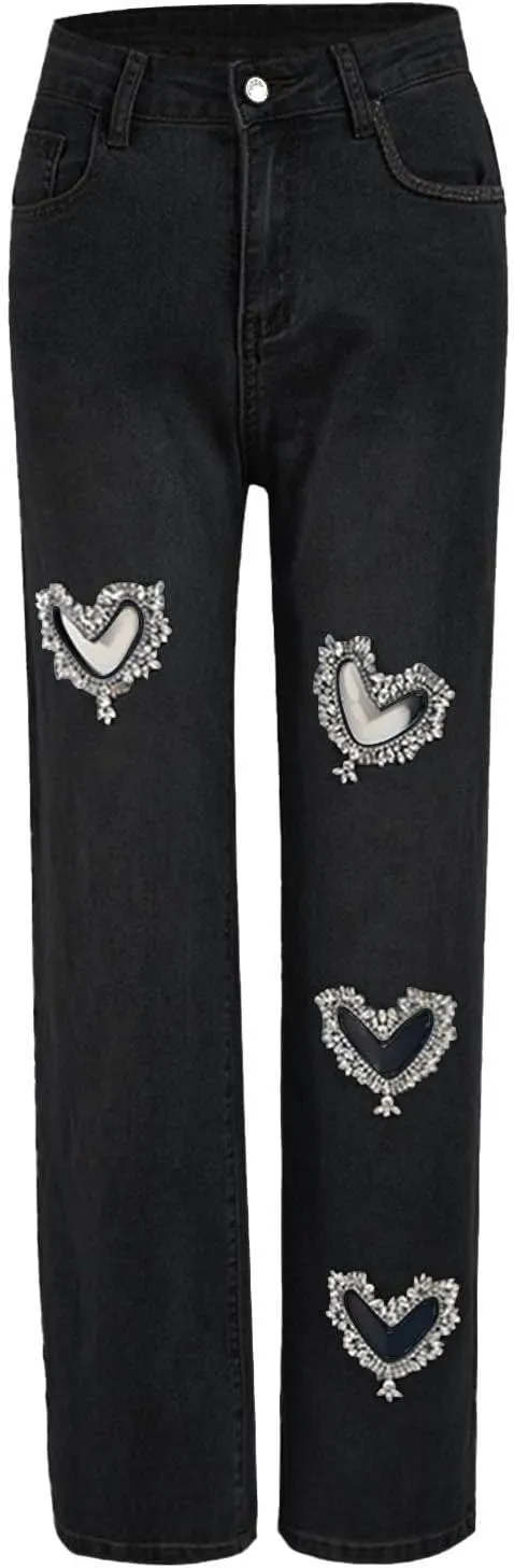 Heart Cutout Rhinestone Jeans for Women Y2k High Waist Straight Leg Baggy Denim Pants Womens Jeans Trendy
