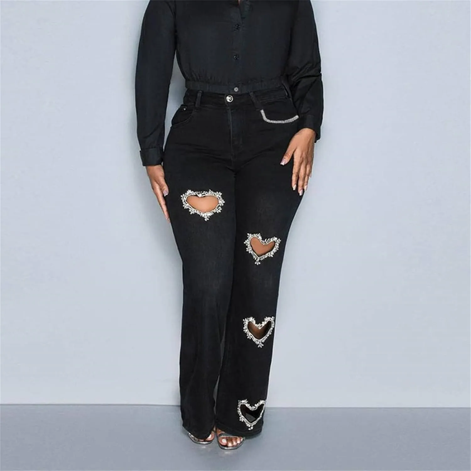 Heart Cutout Rhinestone Jeans for Women Y2k High Waist Straight Leg Baggy Denim Pants Womens Jeans Trendy