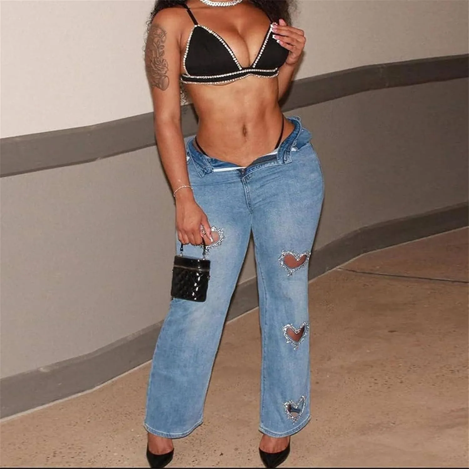 Heart Cutout Rhinestone Jeans for Women Y2k High Waist Straight Leg Baggy Denim Pants Womens Jeans Trendy