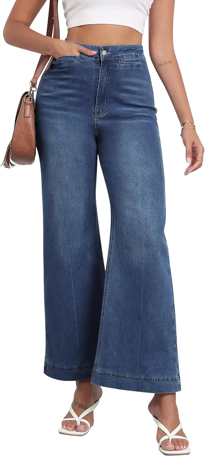 High Waisted Wide Leg Jeans Stretchy Flare Jeans for Women Loose Baggy Denim Pants with Pockets Y2K Trendy
