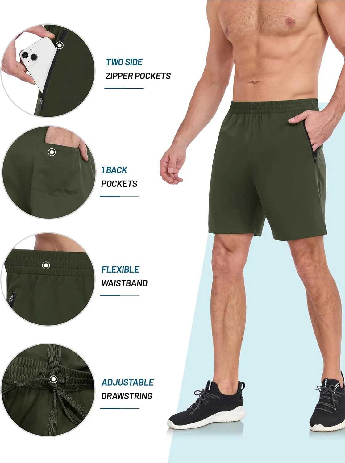 HISKYWIN Men's Athletic Running Shorts Lightweight Quick Dry Workout Jogging Shorts with Zip Pockets Active Gym Sports Hiking