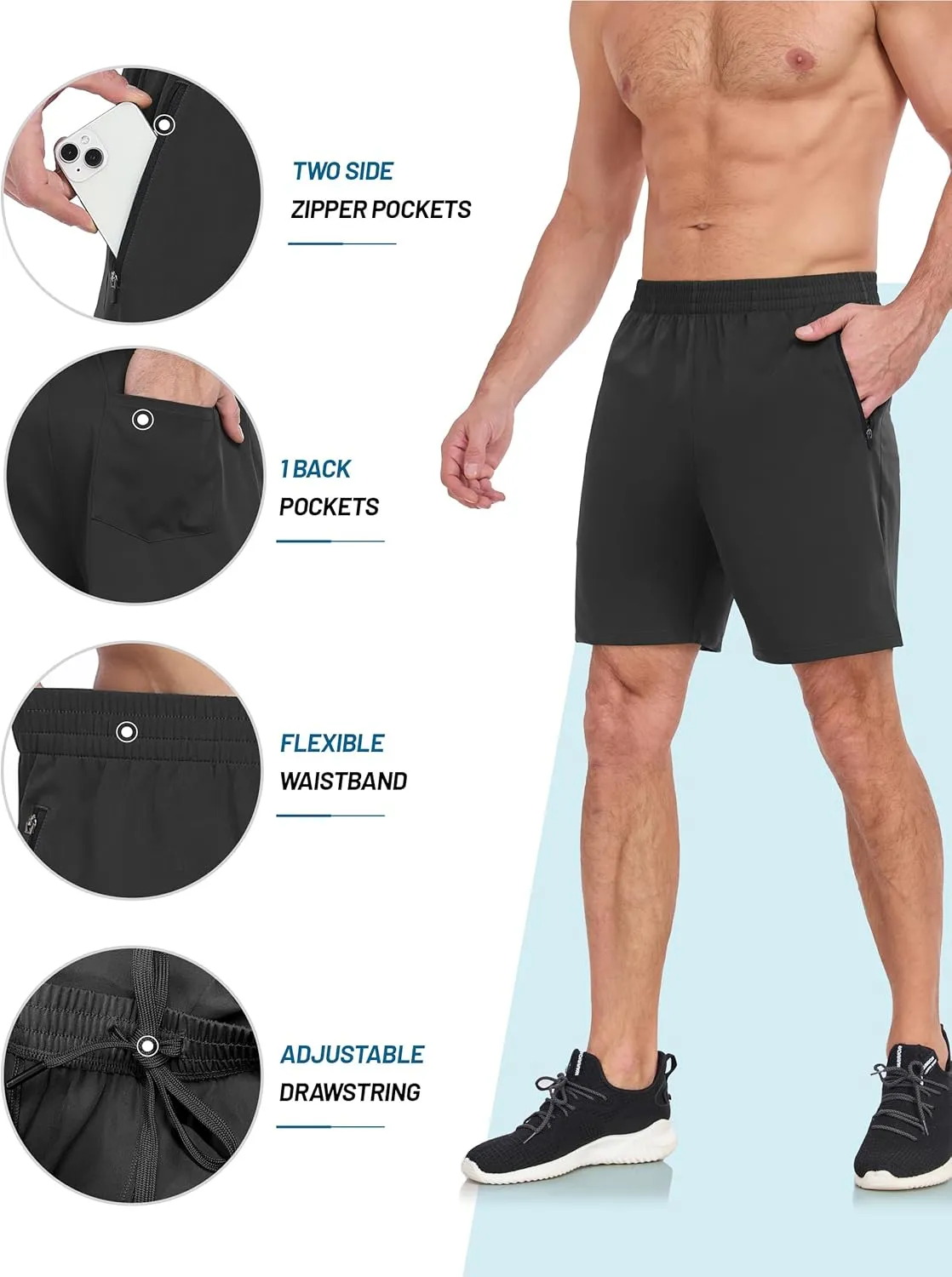 HISKYWIN Men's Athletic Running Shorts Lightweight Quick Dry Workout Jogging Shorts with Zip Pockets Active Gym Sports Hiking