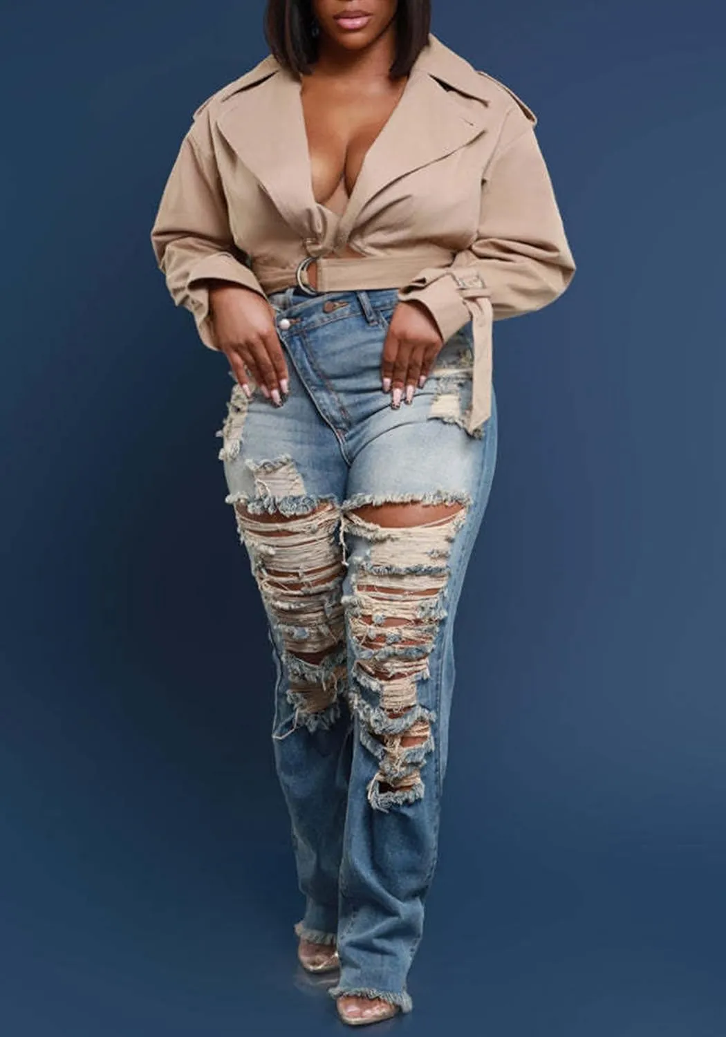 HuiSiFang Women's Ripped Straight Leg High Waisted Y2k Jeans Distressed Stretchy Tassel Jeans Streetwear