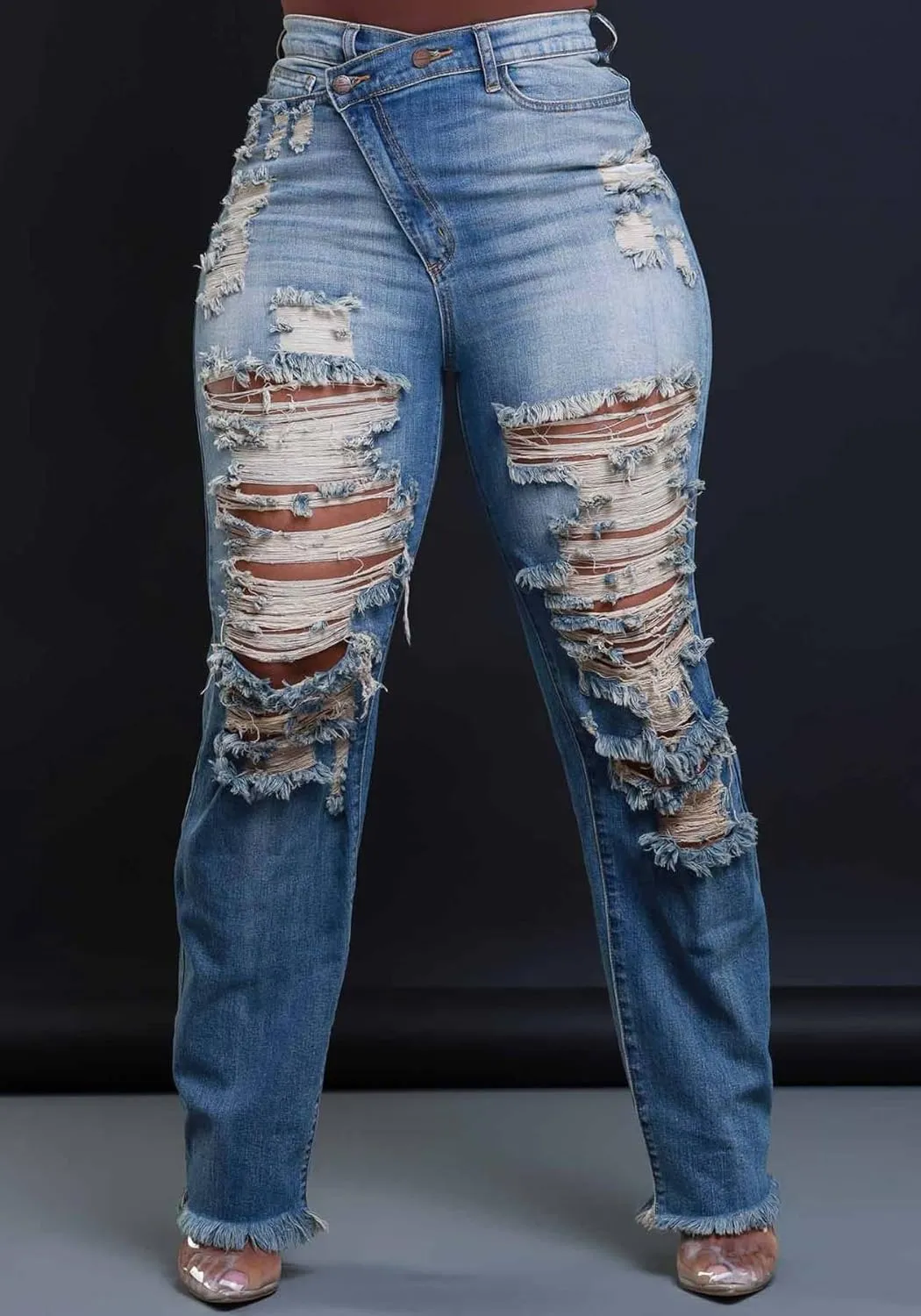 HuiSiFang Women's Ripped Straight Leg High Waisted Y2k Jeans Distressed Stretchy Tassel Jeans Streetwear
