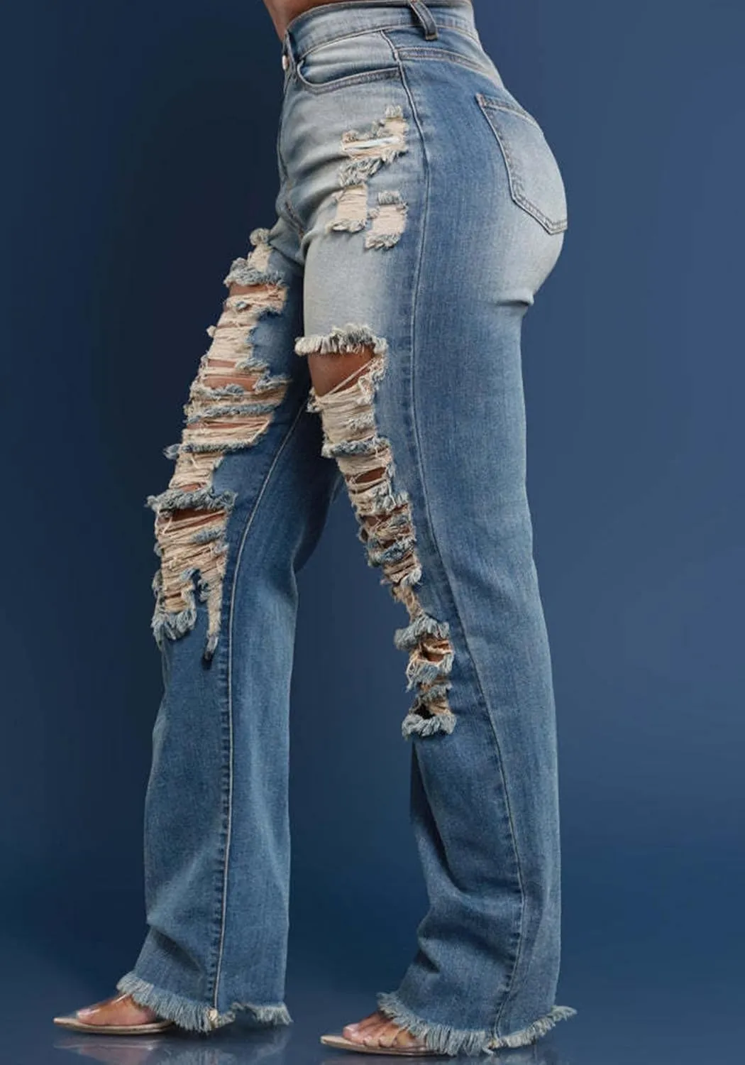 HuiSiFang Women's Ripped Straight Leg High Waisted Y2k Jeans Distressed Stretchy Tassel Jeans Streetwear