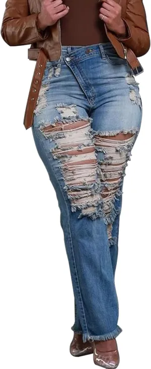 HuiSiFang Women's Ripped Straight Leg High Waisted Y2k Jeans Distressed Stretchy Tassel Jeans Streetwear