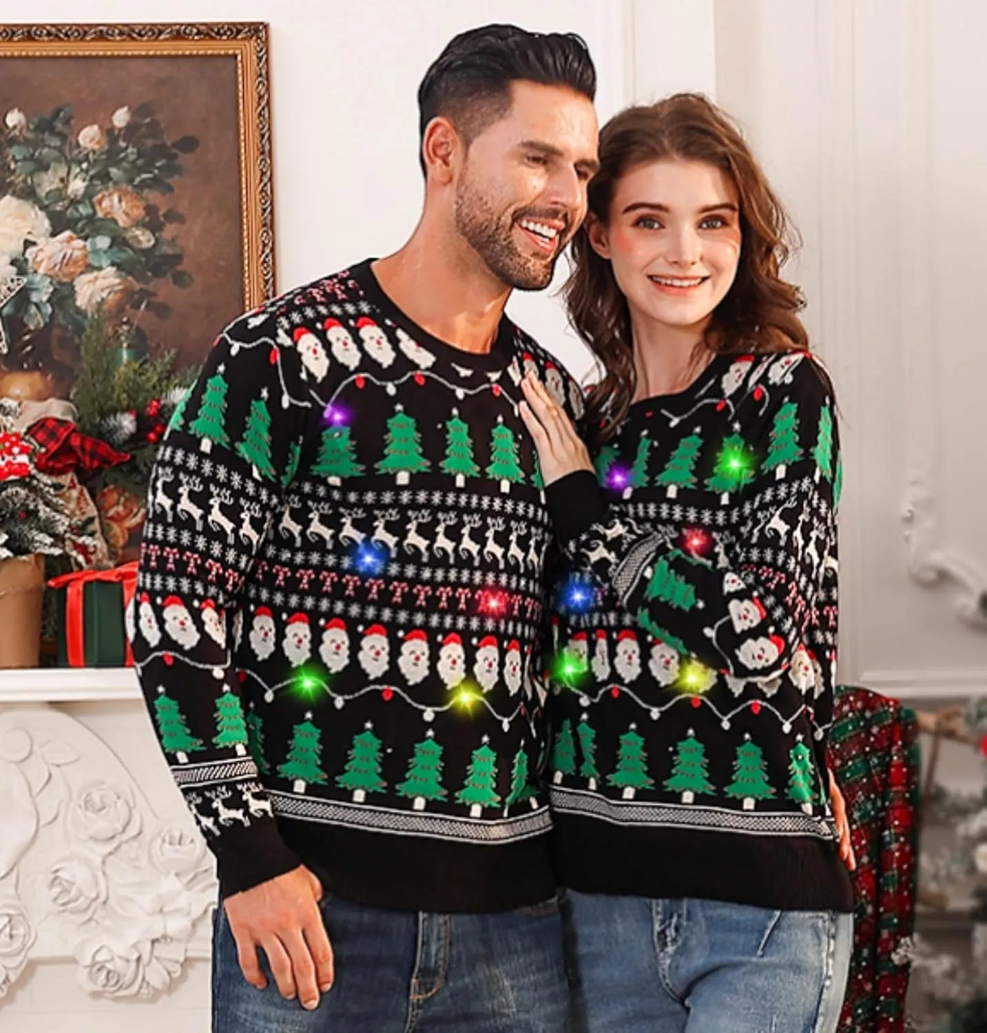 Idgreatim Men Women LED Ugly Christmas Sweaters Funny Pullover Long Sleeve Knitted Xmas Sweater Jumper S-XXL
