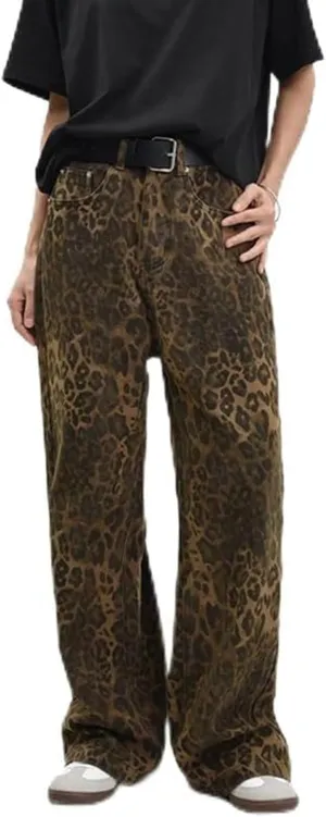 Jeans for Women Trendy Casual High Waist Wide Leg Jeans Vintage Leopard Printed Straight Leg Pants Boyfried Denim Pants