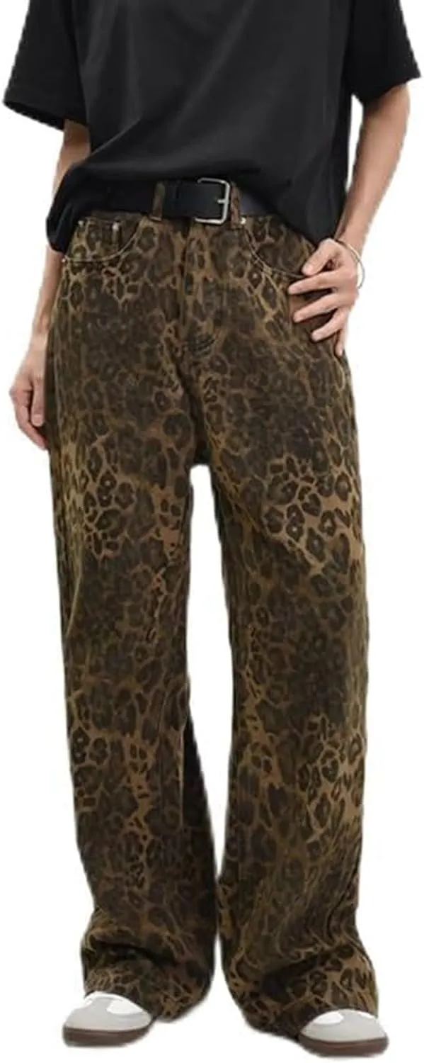 Jeans for Women Trendy Casual High Waist Wide Leg Jeans Vintage Leopard Printed Straight Leg Pants Boyfried Denim Pants