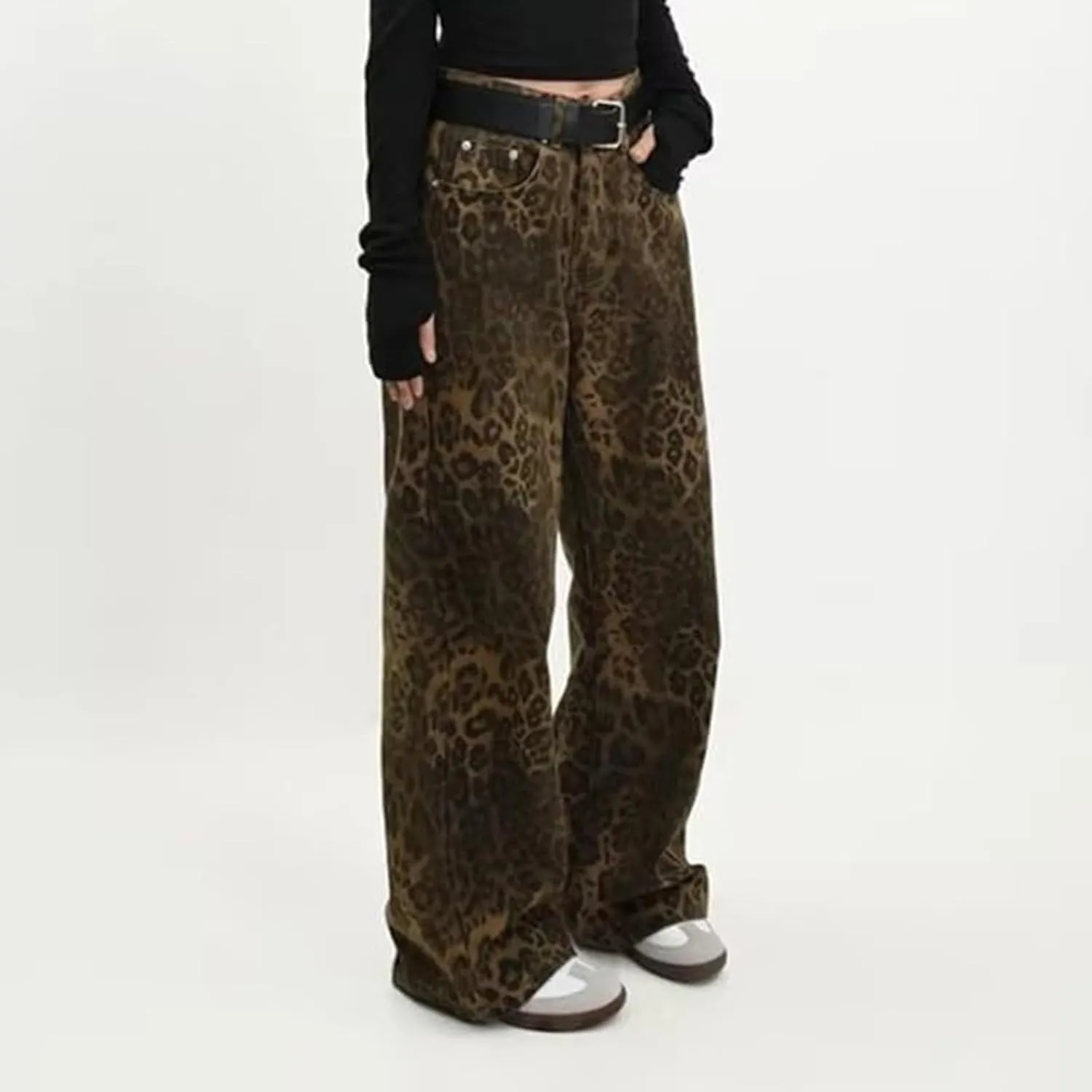 Jeans for Women Trendy Casual High Waist Wide Leg Jeans Vintage Leopard Printed Straight Leg Pants Boyfried Denim Pants