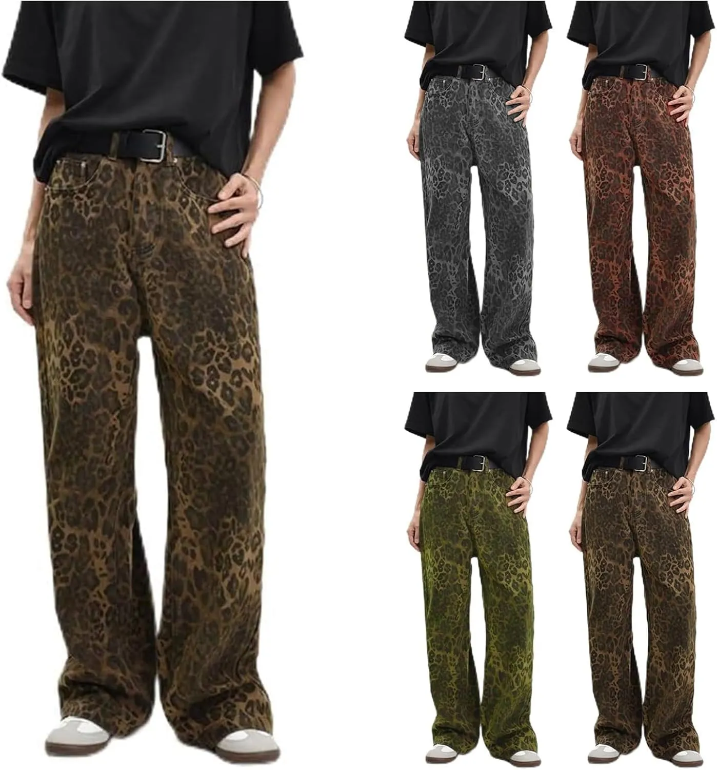 Jeans for Women Trendy Casual High Waist Wide Leg Jeans Vintage Leopard Printed Straight Leg Pants Boyfried Denim Pants